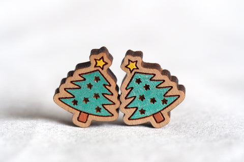 Christmas Tree with Stars Wooden Stud Earrings