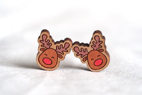 Reindeer Christmas Wooden Stud Earrings