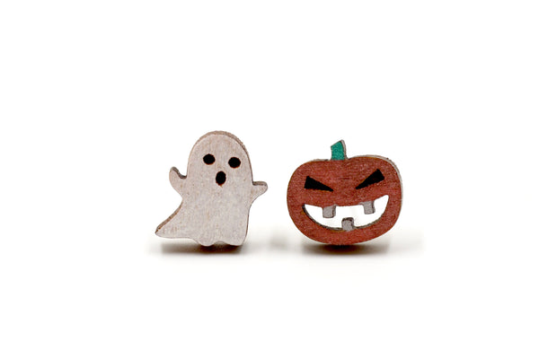 Pumpkin & Ghost - Halloween Wooden Stud Earrings