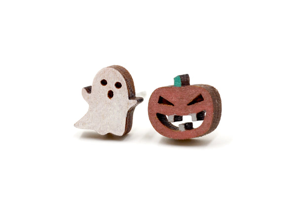 Pumpkin & Ghost - Halloween Wooden Stud Earrings