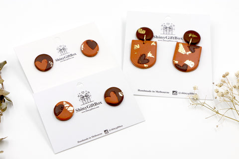 Brown Cinnamon & Gold Heart Studs