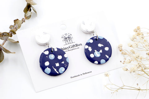 Navy & White Polka Dot Circle Dangle