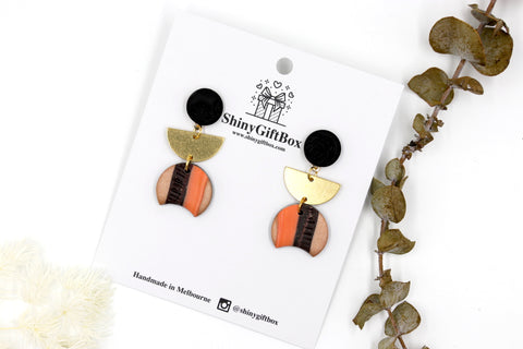Peach Stripes & Gold Half Moon Dangle
