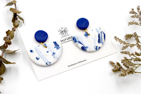 White & Navy Splash Half Moon Dangle