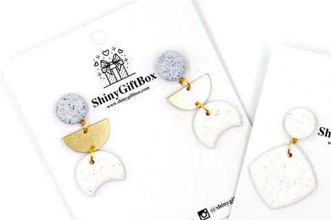 Matte White Granite & Gold Half Moon Dangle