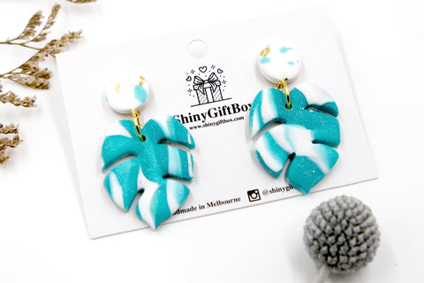 White & Turquoise Monstera Statement Dangle