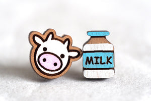 Cow & Milk Wooden Stud Earrings