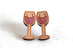 Wine Glasses Wooden Stud Earrings