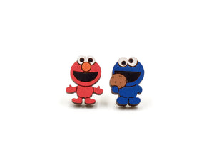 Elmo & Cookie Monster Wooden Stud Earrings