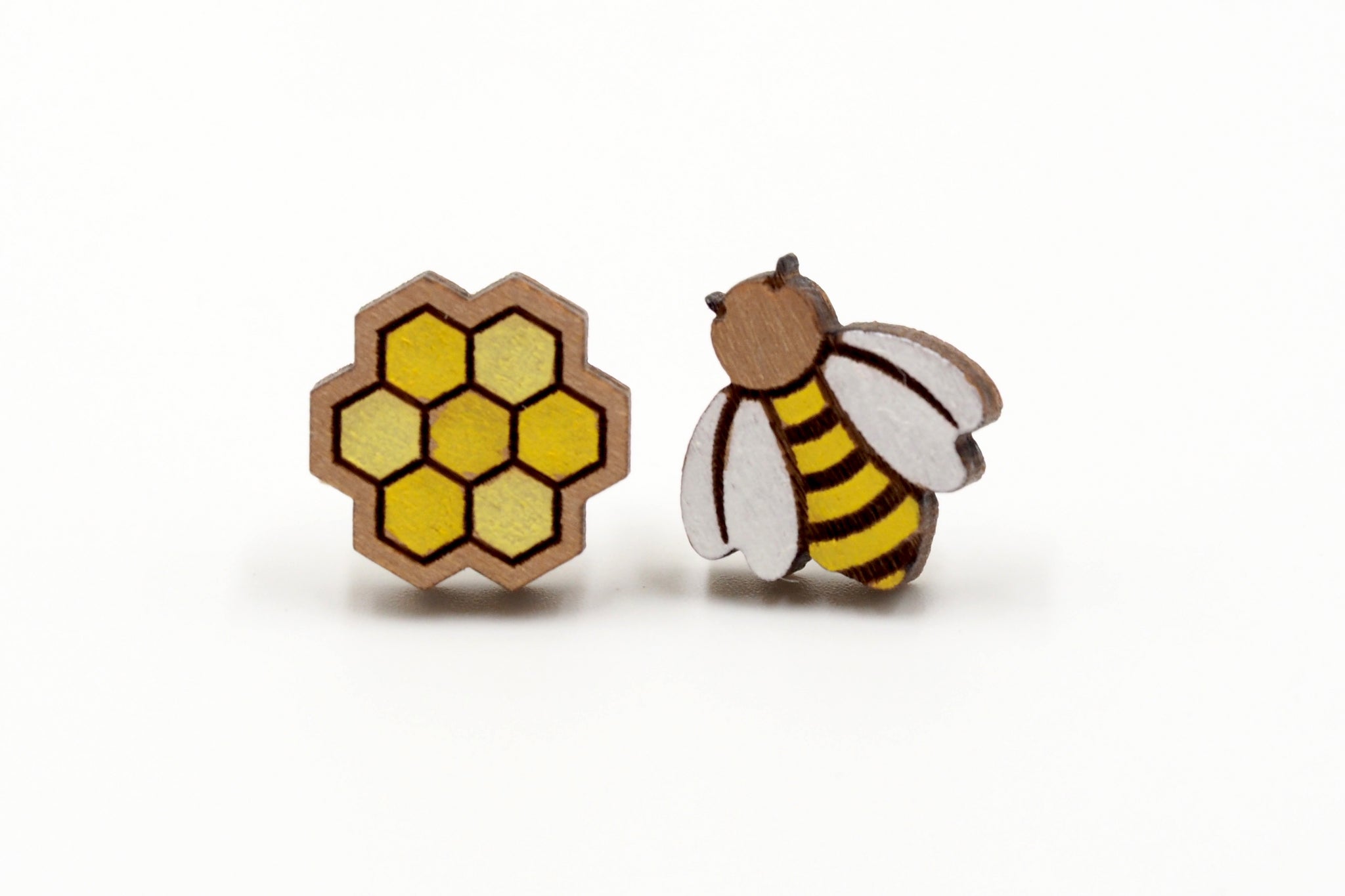 Bee & Honeycomb Wooden Stud Earrings