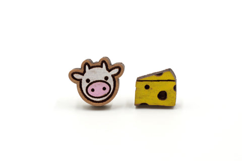 Cow & Cheese Wooden Stud Earrings