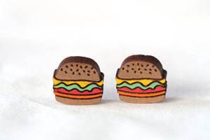 Hamburger / Burger Wooden Stud Earrings