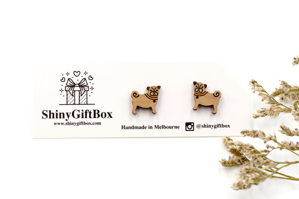 Pug with Collar - Dog Wooden Stud Earrings