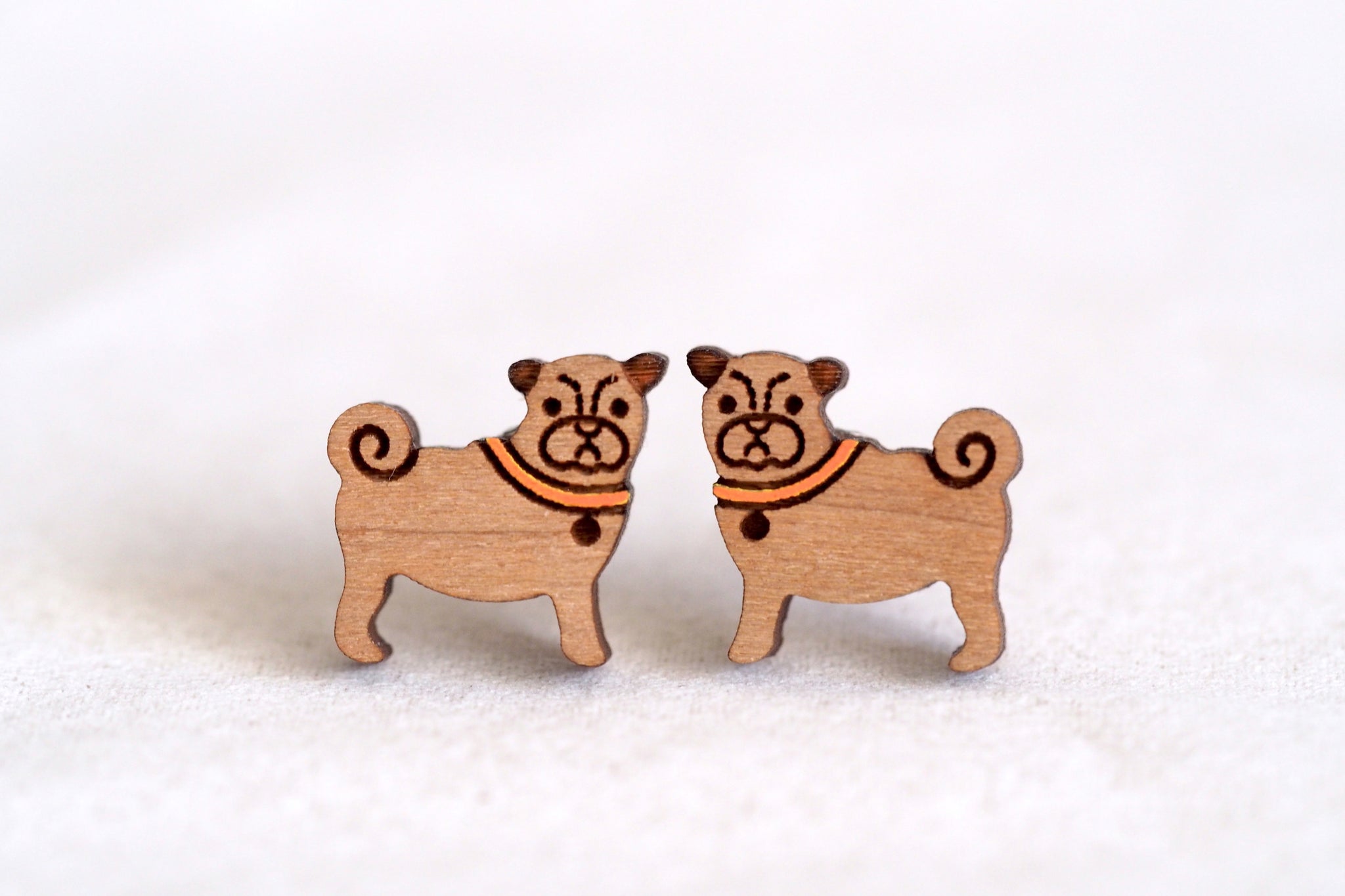 Pug with Collar - Dog Wooden Stud Earrings