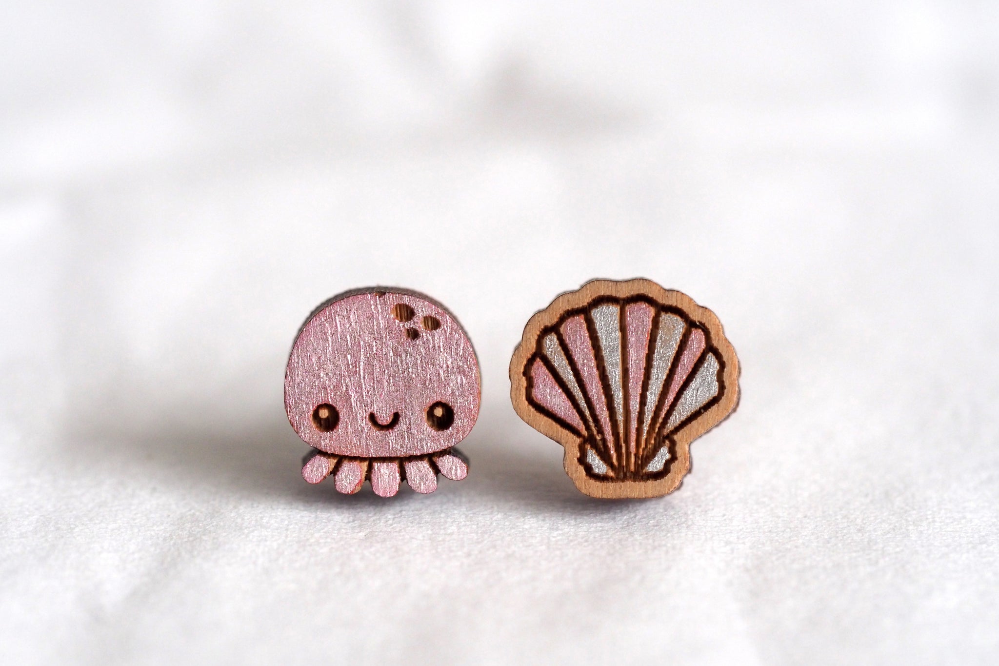 Jellyfish & Shell Wooden Stud Earrings