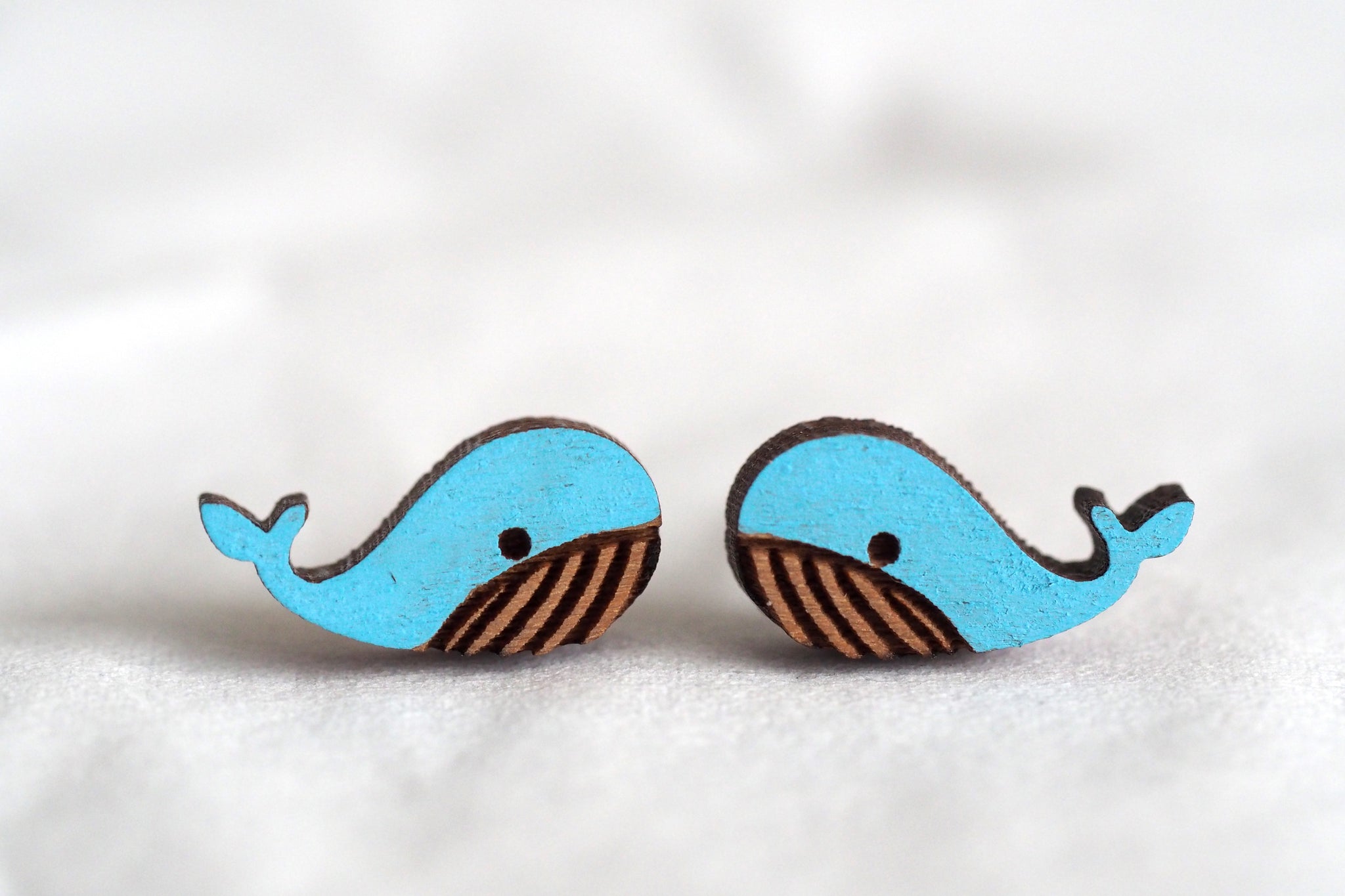 Blue Whale Wooden Stud Earrings