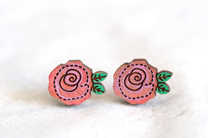 Pink Roses Wooden Stud Earrings