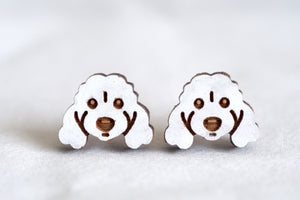Cavoodle Spoodle Poodle Dog - White - Wooden Earrings