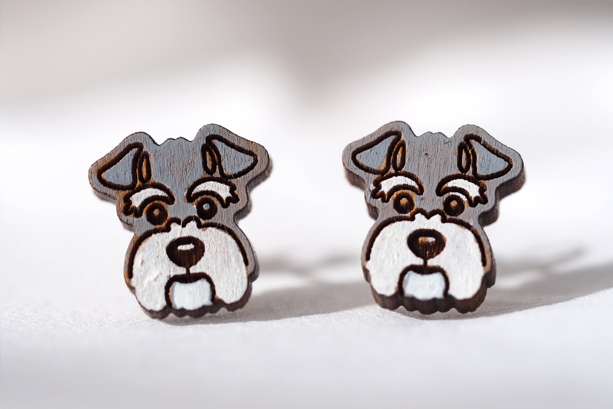 Miniature Schnauzer Dog Wooden Earrings with White Beard