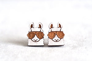 Llama / Alpaca with Sunnies Wooden Stud Earrings
