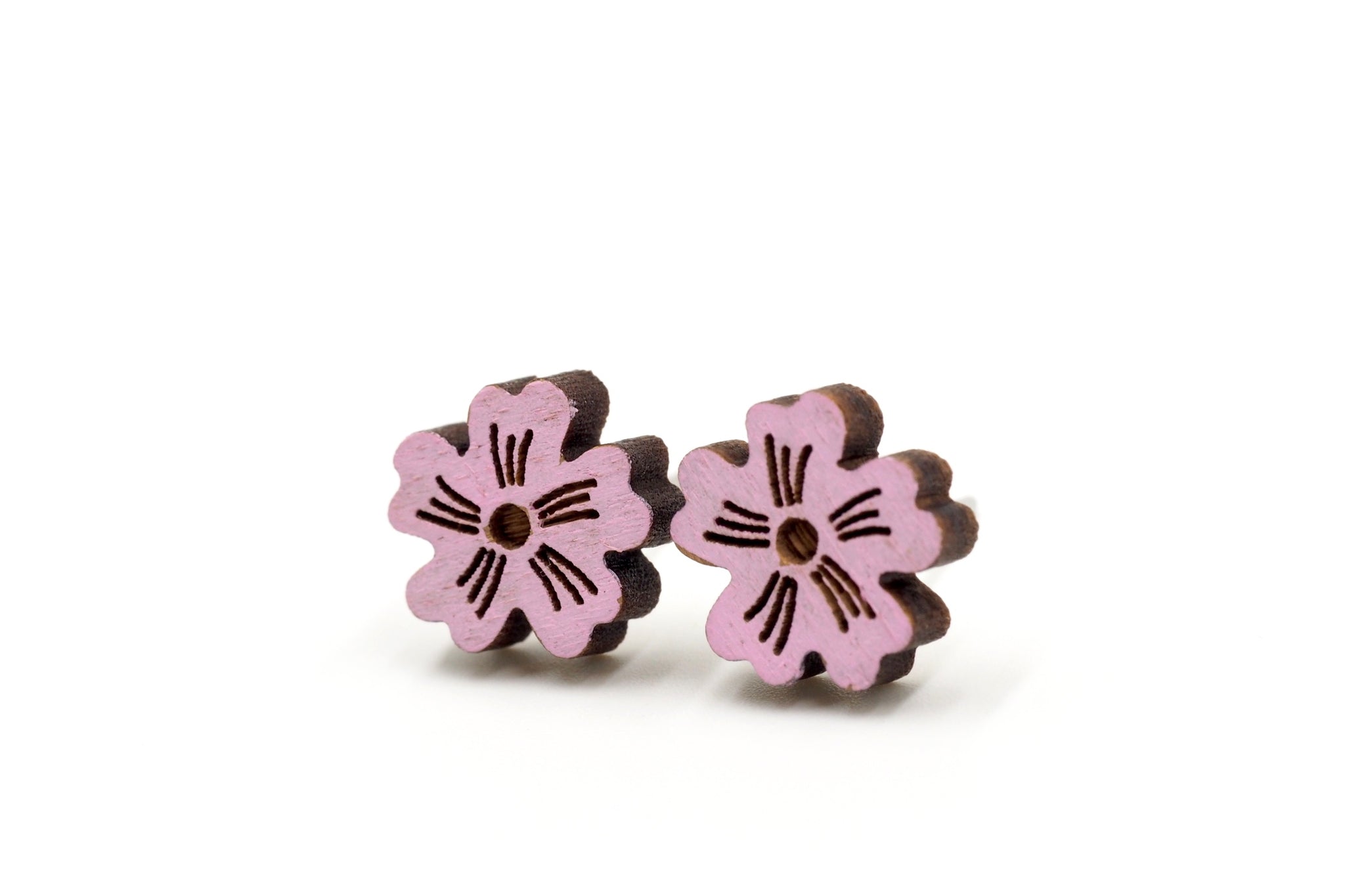 Pink Sakura Wooden Stud Earrings
