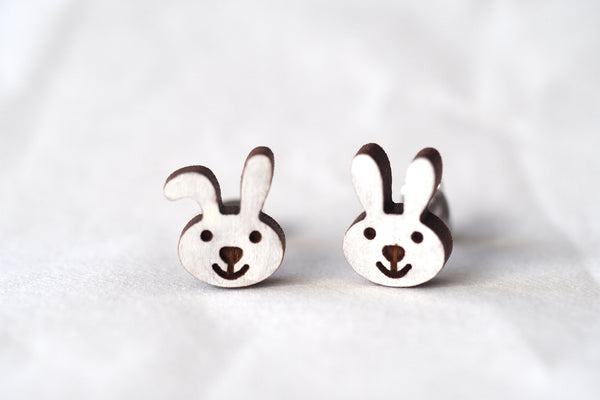 White Rabbit Bunny Wooden Earrings